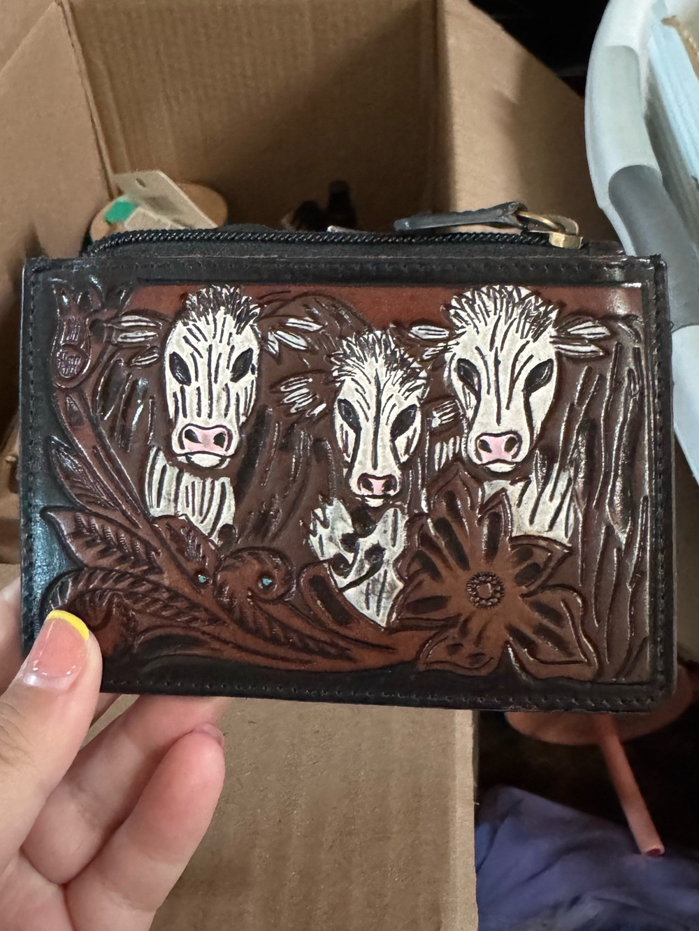 Myra Tooled Leather Cow Trio Zip Wallet - Brown & Black